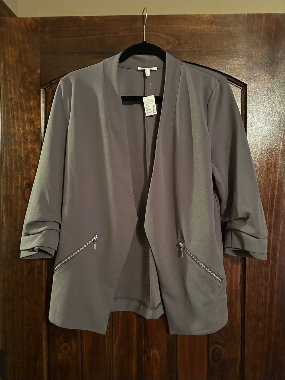 Maurices Gray Open-Front Blazer with Zipper Accents